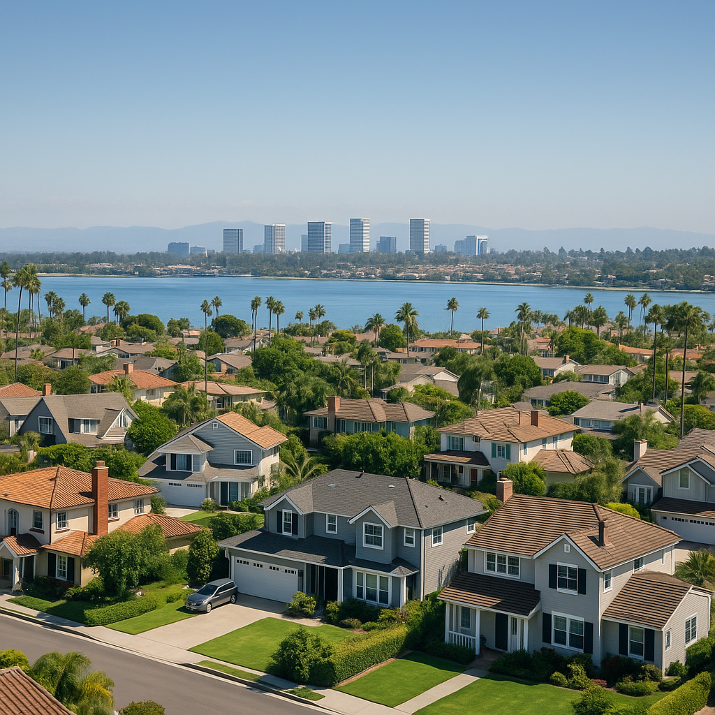 Aerial view of a modern coastal Orange County neighborhood with palm trees, well-kept homes, and a calm bay in the background, framed by distant city buildings under a clear blue sky.
